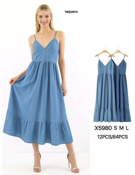 Vestido largo símil denim tirantes volantes