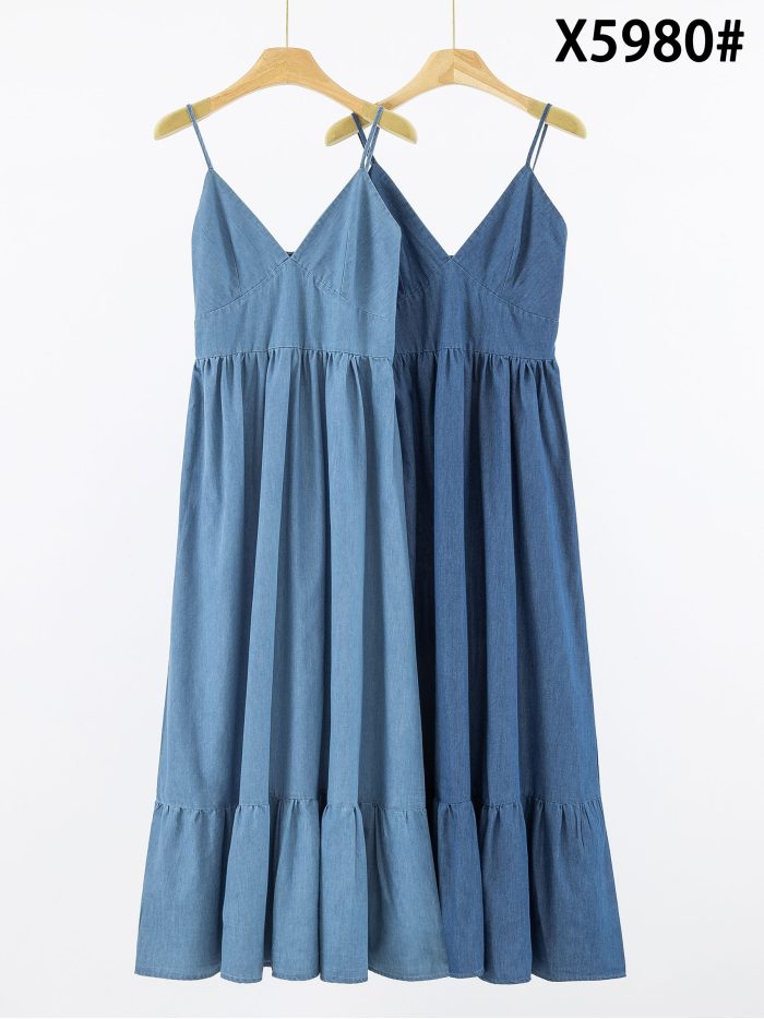 Vestido largo símil denim tirantes volantes