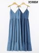 Vestido largo símil denim tirantes volantes