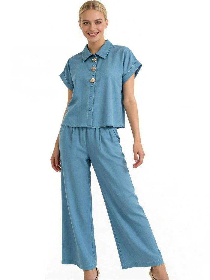 Ensemble effet denim : Chemise à appliqués nautiques + Pantalon