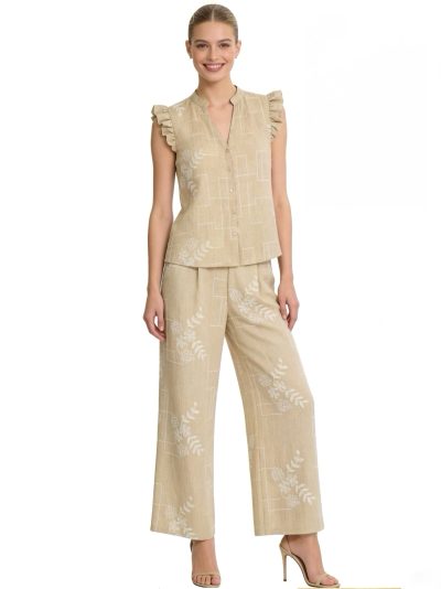 Conjunto efecto lino: Blusa estampada con strass + Pantalón