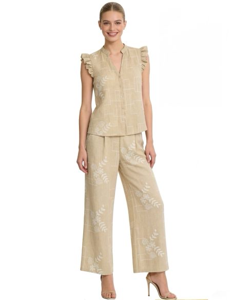 Conjunto efecto lino: Blusa estampada con strass + Pantalón