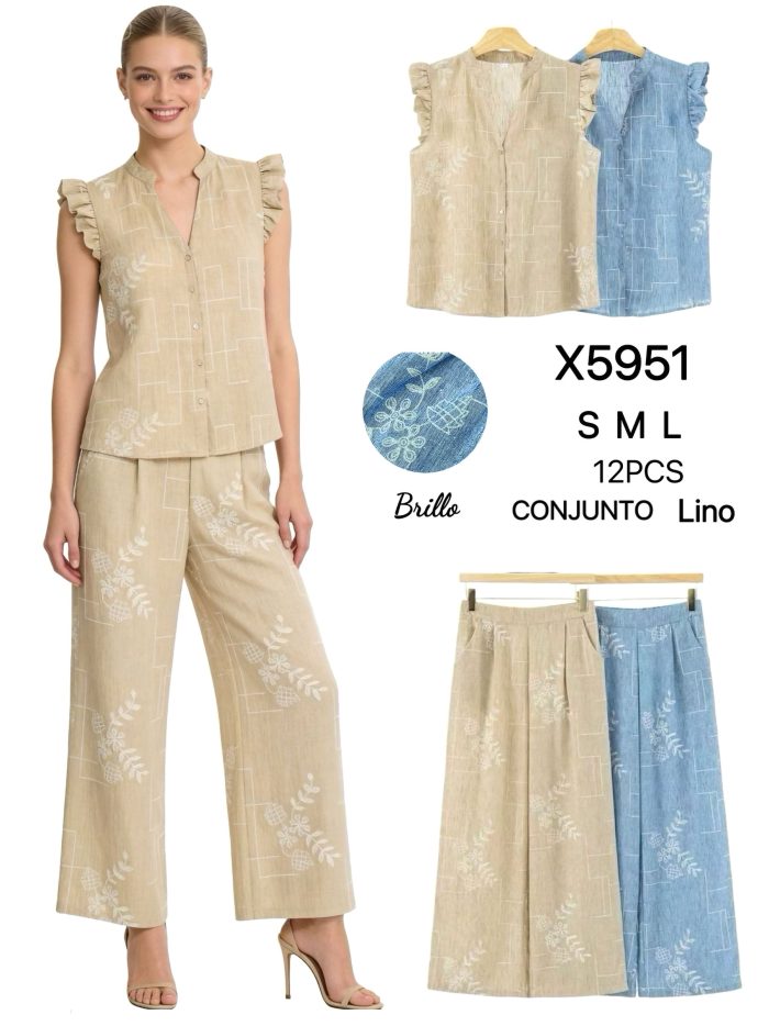 Conjunto efecto lino: Blusa estampada con strass + Pantalón