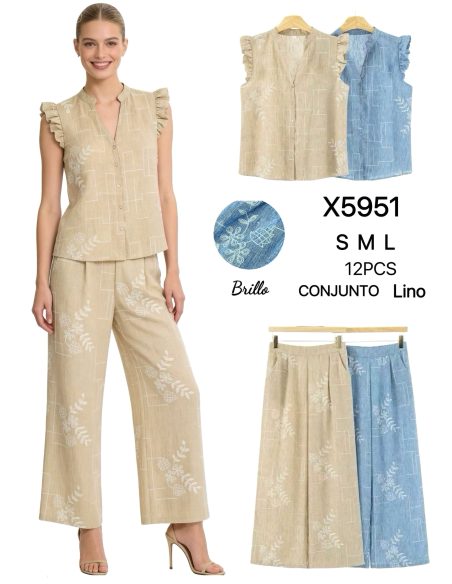 Conjunto efecto lino: Blusa estampada con strass + Pantalón
