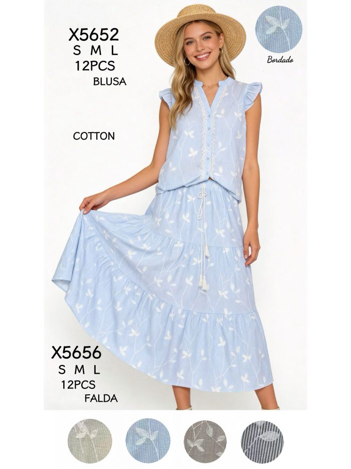 Falda midi bordada hojas volantes