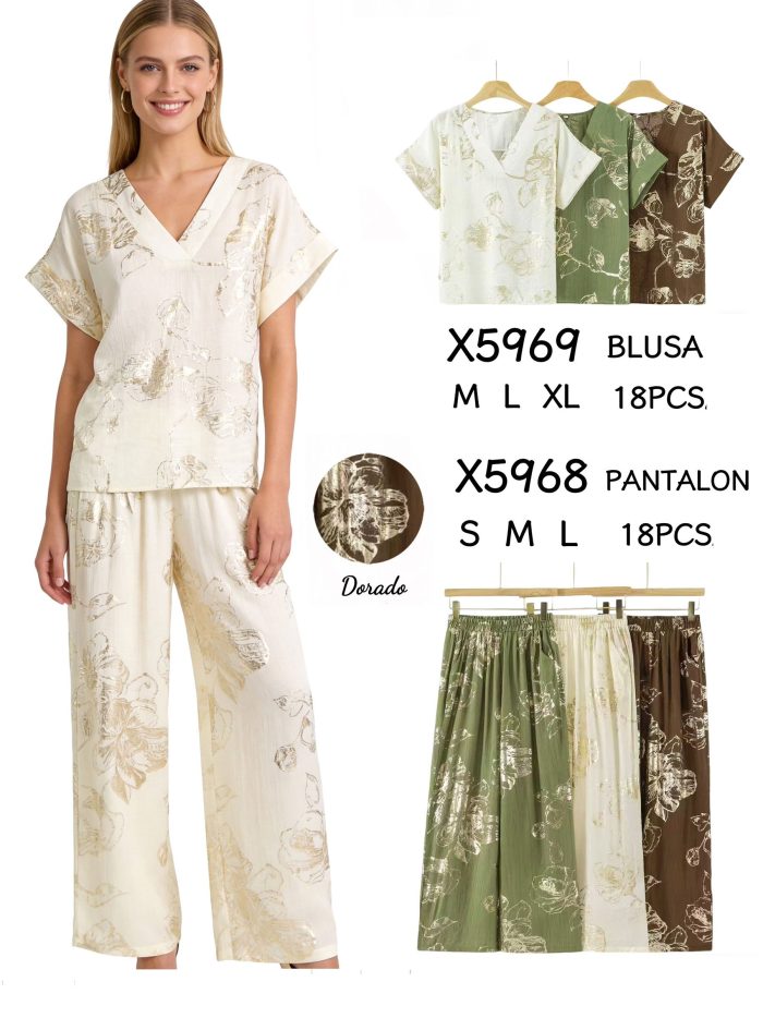 Pantaloni palazzo floreali effetto oro | DB-X5968 | B2B