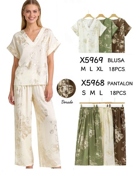 Pantaloni palazzo floreali effetto oro | DB-X5968 | B2B