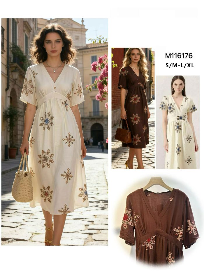 Besticktes Midikleid mit V-Ausschnitt