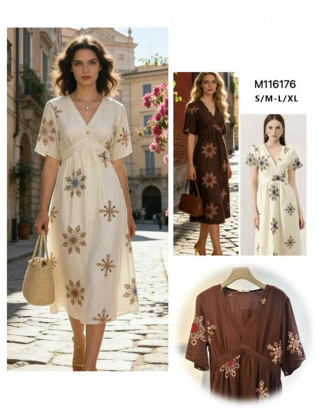 Besticktes Midikleid mit V-Ausschnitt