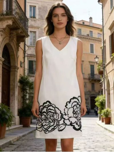 Vestido blanco motivo floral en contraste