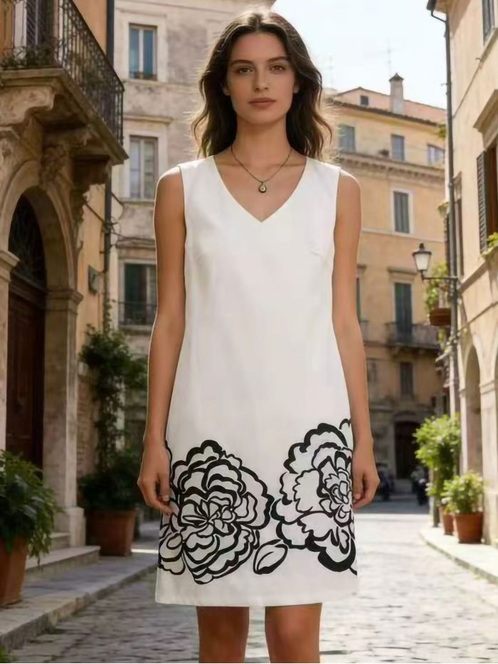 Vestido blanco motivo floral en contraste