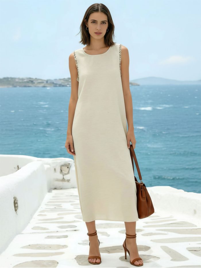 Vestido largo liso detalle en hombros