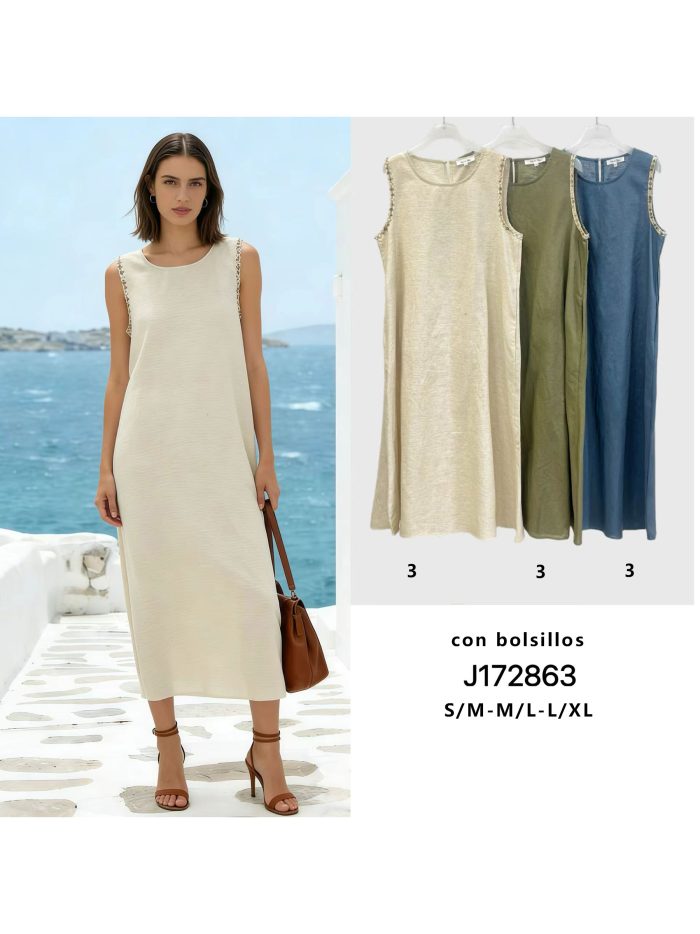 Vestido largo liso detalle en hombros