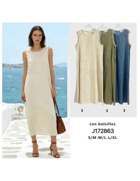 Vestido largo liso detalle en hombros