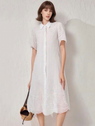 Vestido camisero de algodón perforado