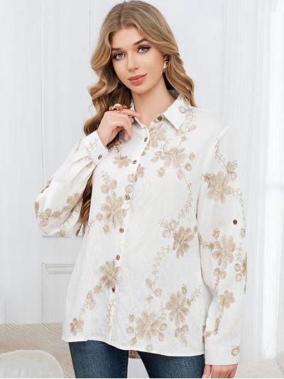 Camisa efecto lino bordado floral