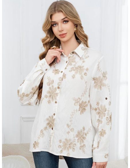 Camisa efecto lino bordado floral
