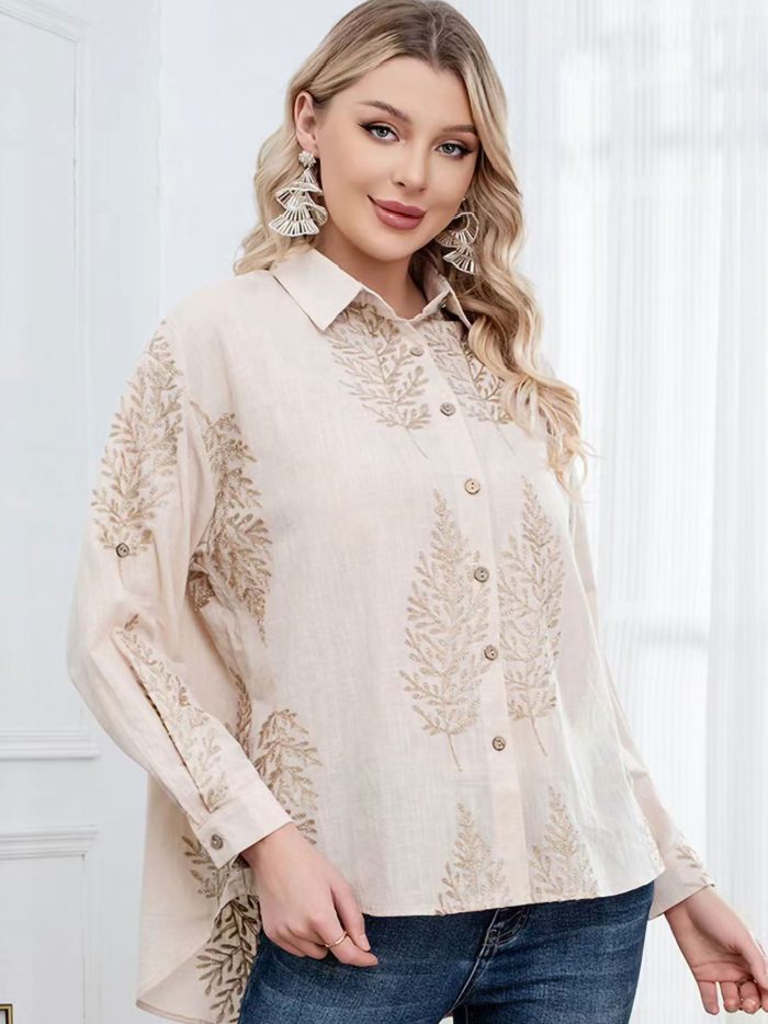 Camisa efecto lino bordado hojas
