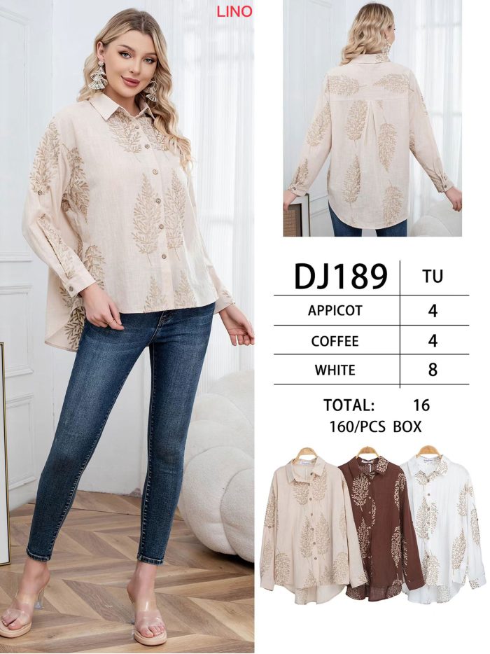 Camisa efecto lino bordado hojas