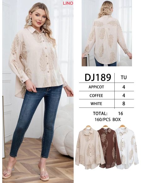 Camisa efecto lino bordado hojas