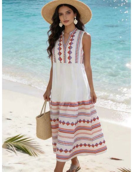 Sleeveless boho embroidered midi dress