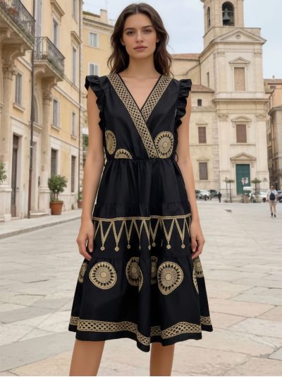 Vestido corto volantes y detalles bordados dorados