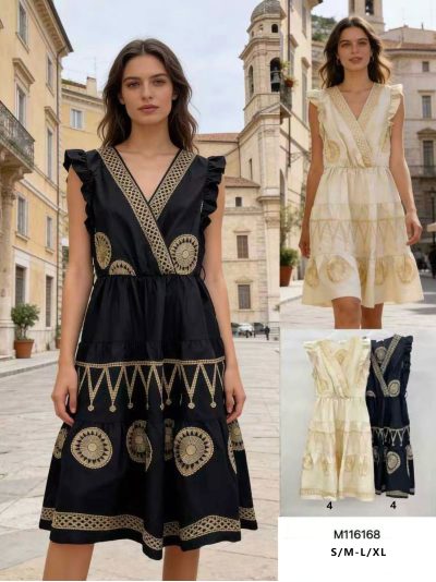 Vestido corto volantes y detalles bordados dorados 2