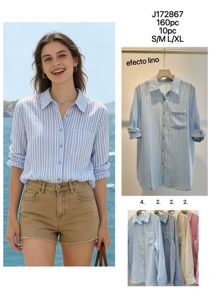 Camisrayas efecto lino bolsillo