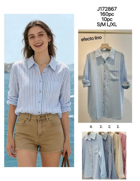 Camisrayas efecto lino bolsillo