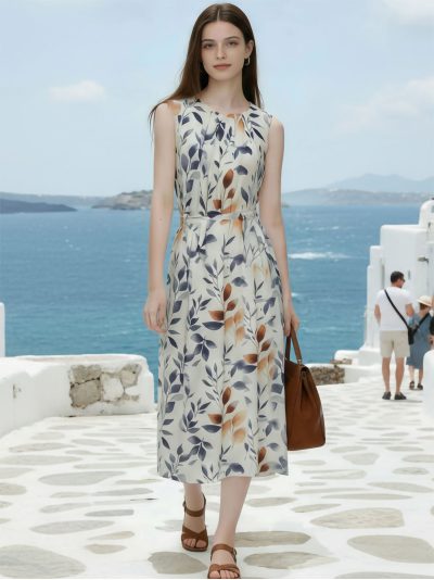 Vestido midi sin mangas estampado hojas cinturón