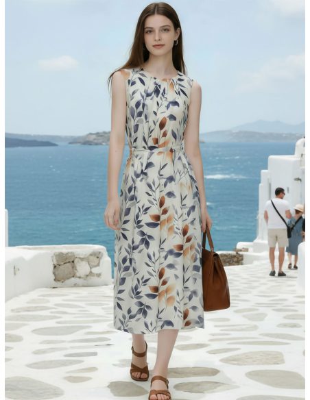 Vestido midi sin mangas estampado hojas cinturón