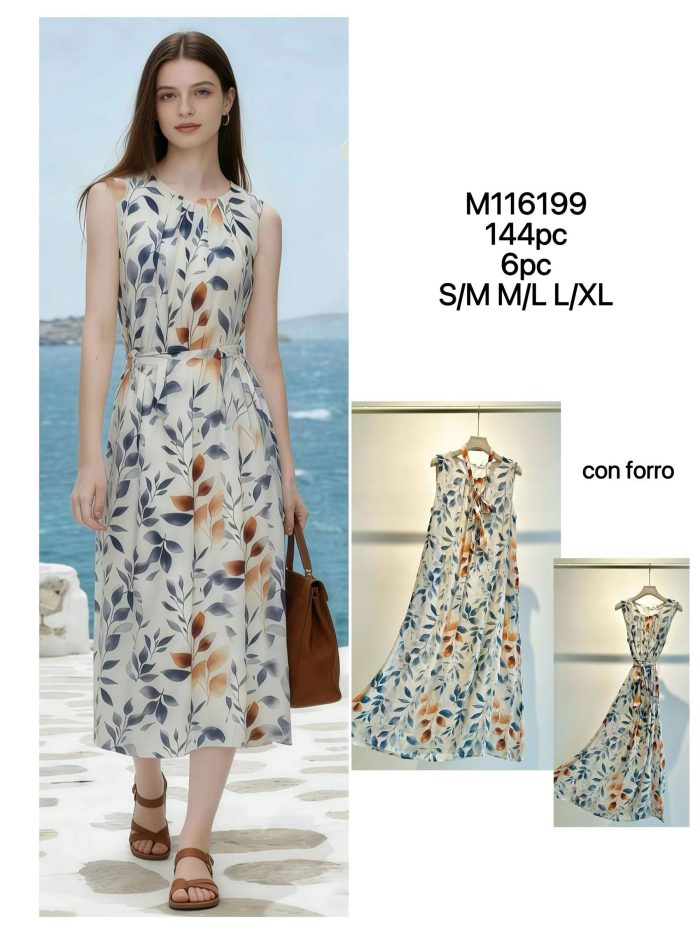 Vestido midi sin mangas estampado hojas cinturón