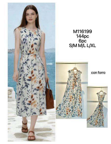 Vestido midi sin mangas estampado hojas cinturón