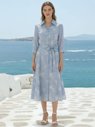 Vestido camisero midi bordado cinturón y bolsillos