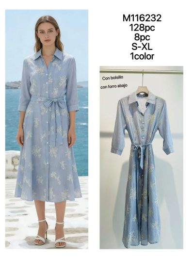 Vestido camisero midi bordado cinturón y bolsillos 2