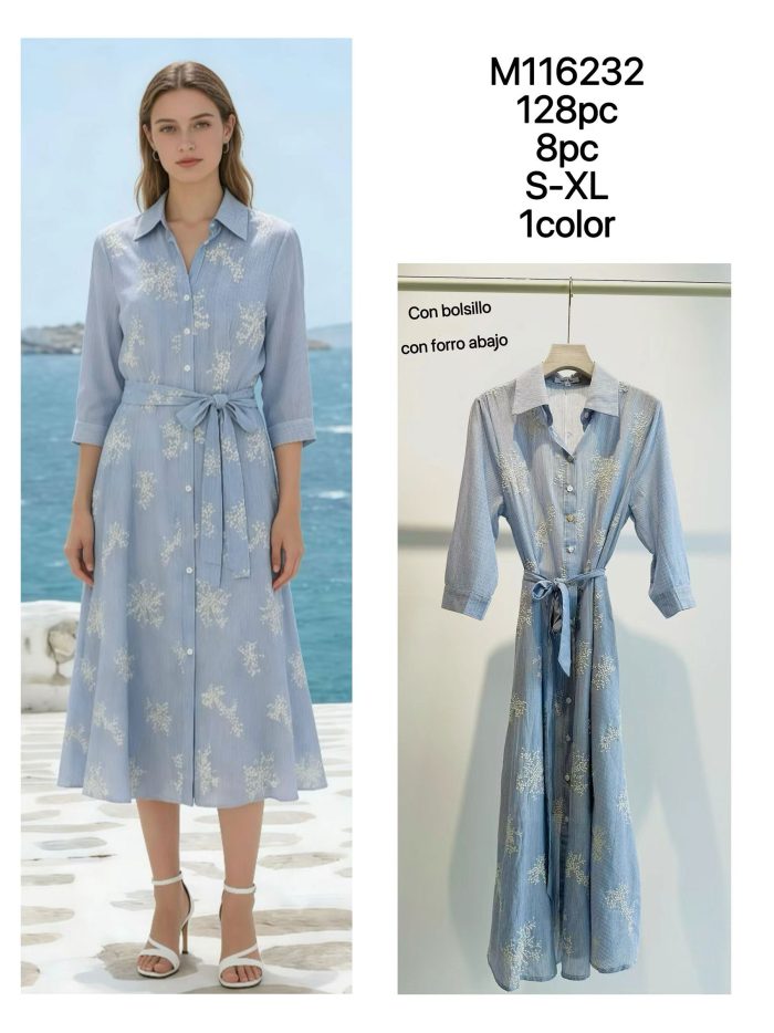 Vestido midi bordado estilo camisa com cinto e bolsos.