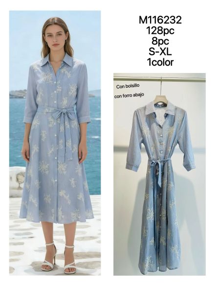 Vestido midi bordado estilo camisa com cinto e bolsos.