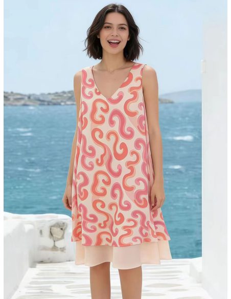 Ärmelloses Kleid mit Wellenmuster und doppeltem Saum