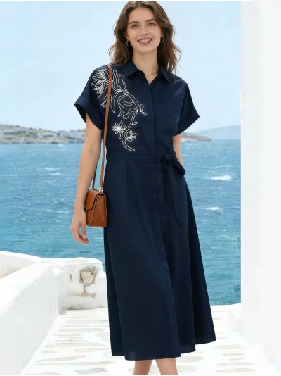 Vestido camisero largo bordado maxi