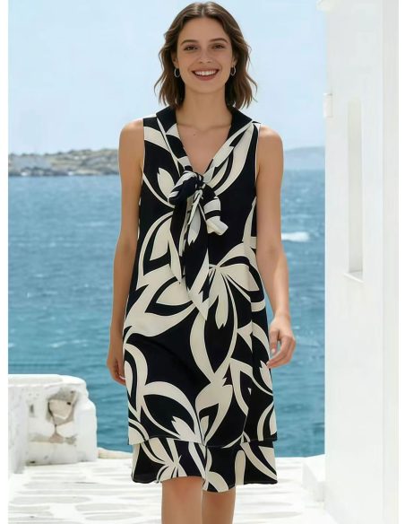 Vestido sin mangas lazo y estampado abstracto
