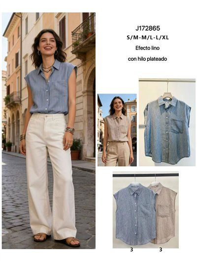 Camisa sin mangas rayas efecto lino hilo plateado 2