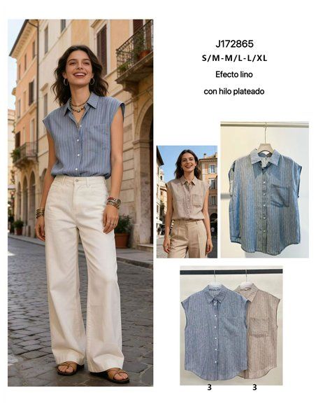 Camicia senza maniche con righe effetto lino e filo argentato