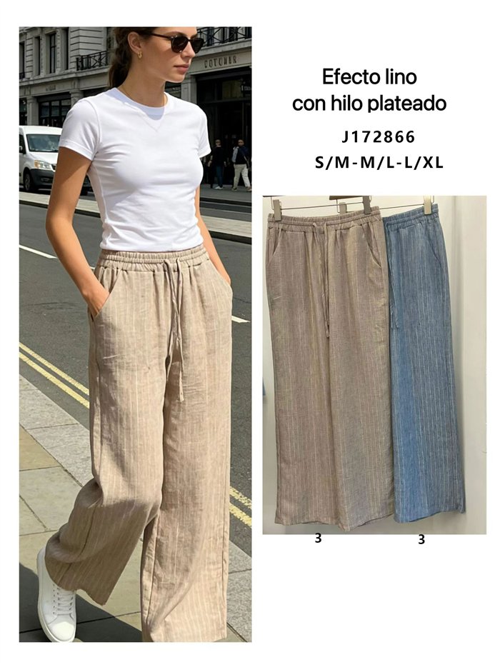 Pantaloni effetto lino con filo argentato