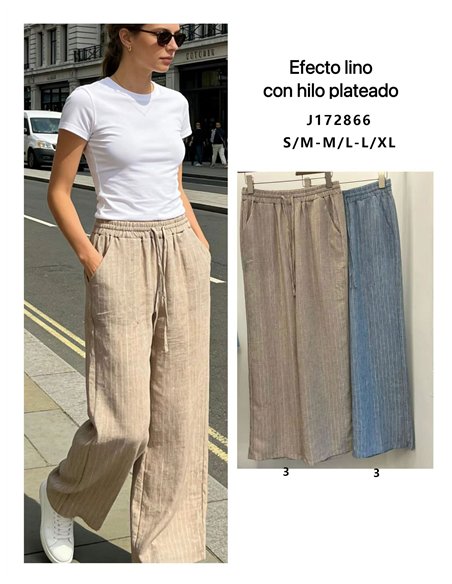Pantaloni effetto lino con filo argentato