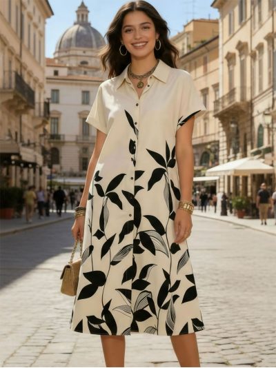 Vestido camisero midi estampado hojas cinturón