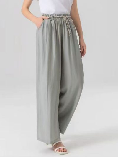 Pantalón wide leg efecto lino bicolor con cordón 