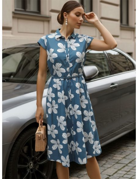 Vestido camisero denim floral con cinturón