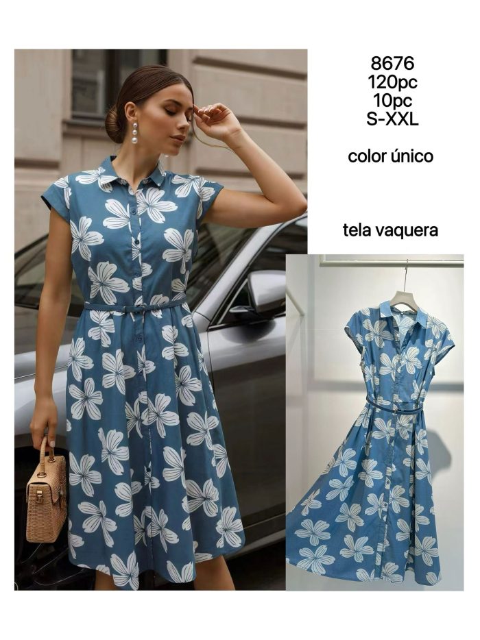 Vestido camisero denim floral con cinturón