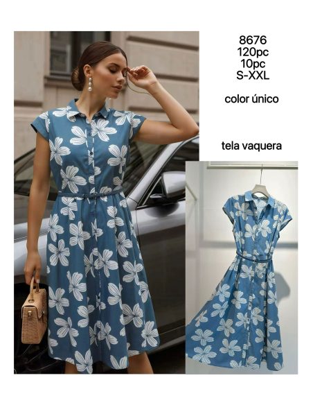 Vestido camisero denim floral con cinturón