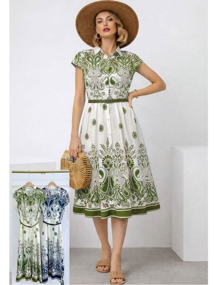 Vestido camisero midi estampado cinturón